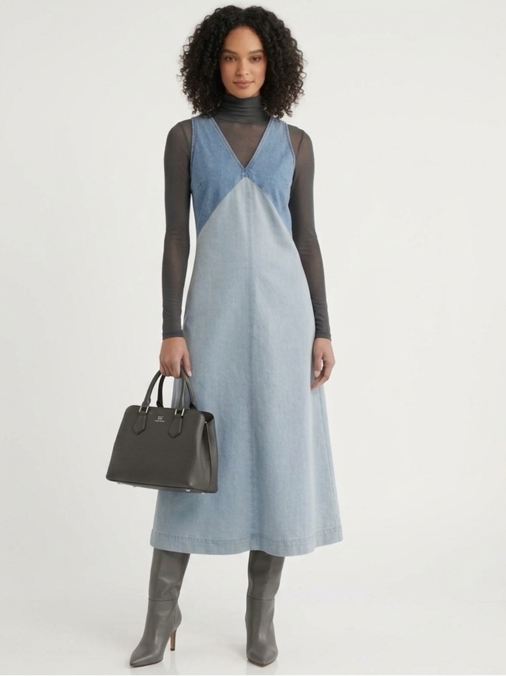 Torn by Ronny Kobo Azura Two-Tone Denim Midi Dress Anthropologie NWT